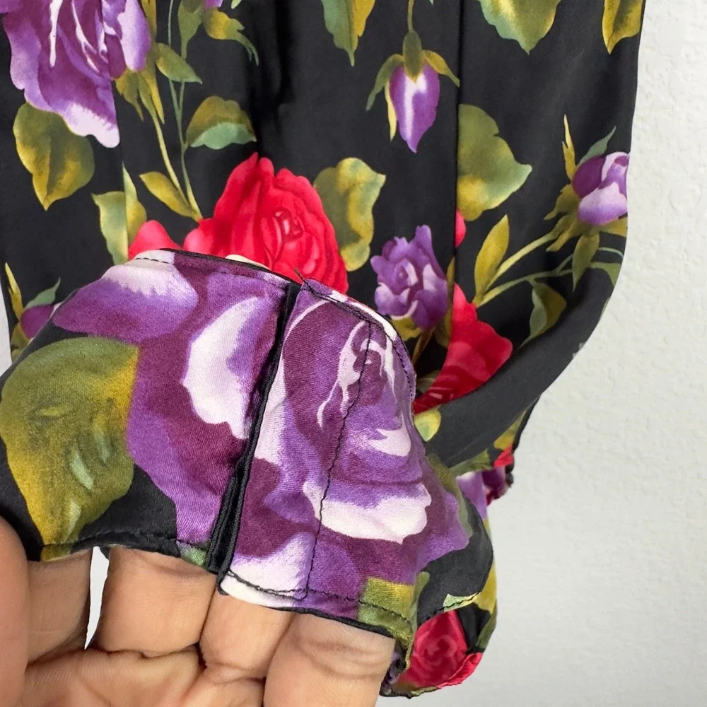Victoria's Secret Bodysuit P Black Silk‎ VTG Floral Rose Romantic Coquette Teddy